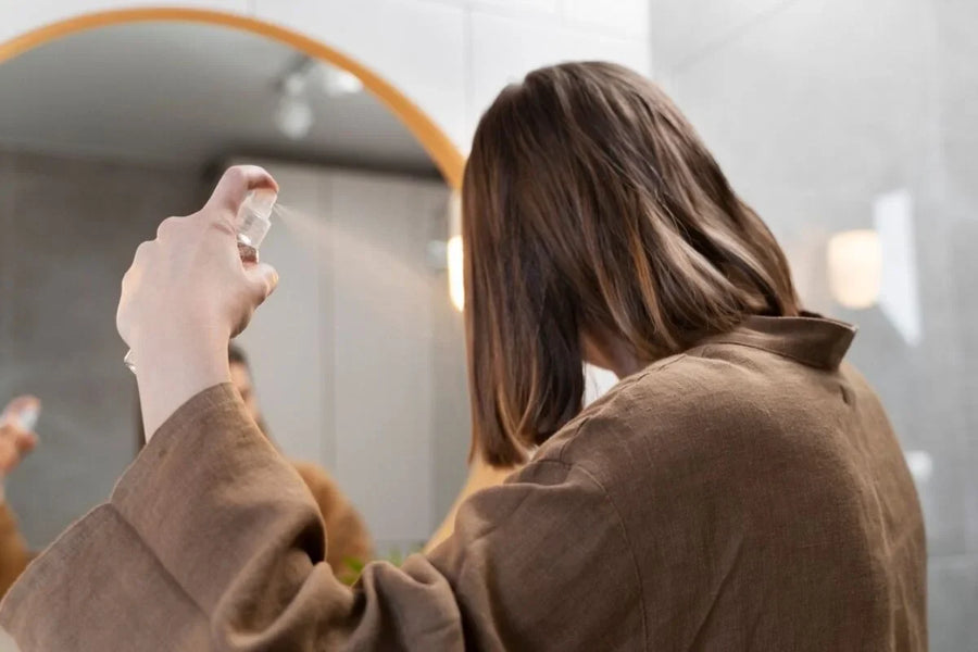 orang yang sedang memakai hair mist di depan cermin
